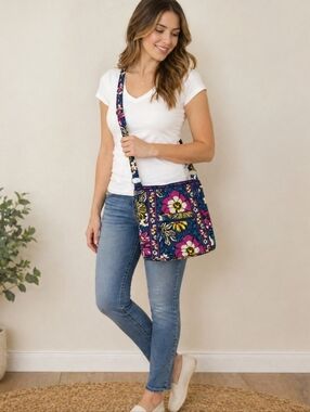 Vera Bradley Quilted Crossbody Bag Floral Blue Pink Adjustable Strap